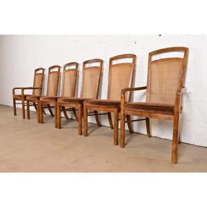 Drexel Heritage Mid-Century Modern Walnut and Cane High Back Dining Chairs, Set of Six