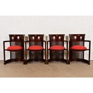 Frank Lloyd Wright for Cassina Arts & Crafts Dark Cherry Wood Barrel Chairs, Set of Four