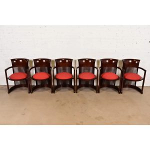 Frank Lloyd Wright for Cassina Arts & Crafts Dark Cherry Wood Barrel Chairs, Set of Six