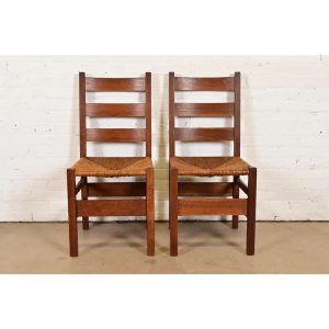 Gustav Stickley Antique Mission Oak Arts & Crafts Ladder Back Side Chairs or Dining Chairs With Rush Seats, Pair