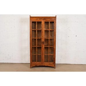 Gustav Stickley Style Mission Oak Arts and Crafts Lighted Bookcase Cabinet