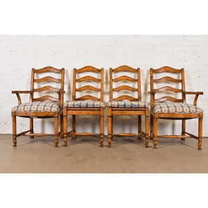 Guy Chaddock English Country Rustic Carved Maple Ladder Back Dining Chairs, Set of Four