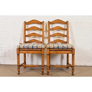 Guy Chaddock English Country Rustic Carved Maple Ladder Back Side Chairs or Dining Chairs, Pair