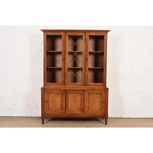 Kindel Furniture Style French Regency Louis XVI Solid Cherry Wood Breakfront Bookcase Cabinet, Circa 1960s