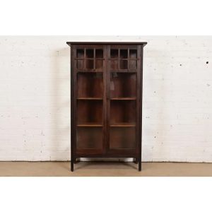 Limbert Style Antique Mission Oak Arts & Crafts Glass Front Bookcase Cabinet, Circa 1900