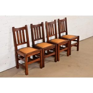 Stickley Brothers Antique Mission Oak Arts & Crafts Dining Chairs, Set of Four