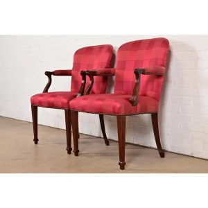 Baker Furniture English Regency Carved Mahogany Upholstered Armchairs or Dining Captain Chairs, Pair