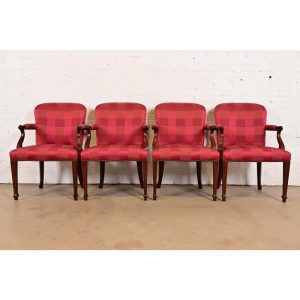 Baker Furniture English Regency Carved Mahogany Upholstered Dining Chairs, Set of Four