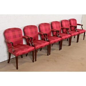 Baker Furniture English Regency Carved Mahogany Upholstered Dining Chairs, Set of Six