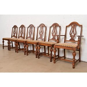 Berkey & Gay Style Antique English Jacobean Carved Walnut Dining Chairs, Set of Six