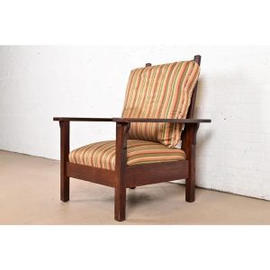 Charles Stickley Antique Mission Oak Arts & Crafts Reclining Morris Lounge Chair, Circa 1910