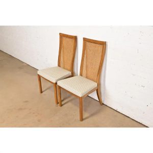 Drexel Heritage Mid-Century Modern Walnut and Cane High Back Side Chairs or Dining Chairs, Pair