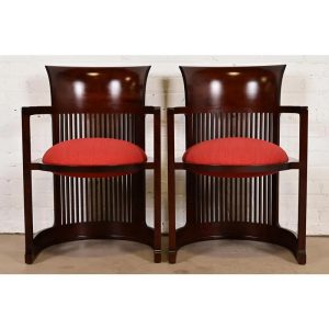 Frank Lloyd Wright for Cassina Arts & Crafts Dark Cherry Wood Barrel Chairs, Pair
