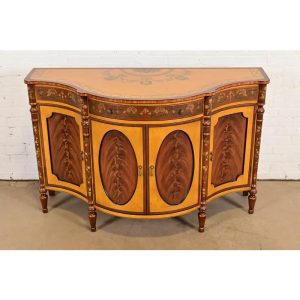 French Regency Louis XVI Inlaid Flame Mahogany Hand Painted Sideboard or Bar Cabinet