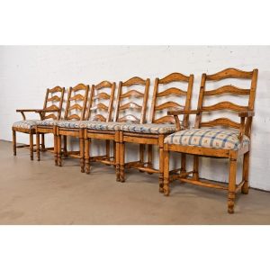 Guy Chaddock English Country Rustic Carved Maple Ladder Back Dining Chairs, Set of Six