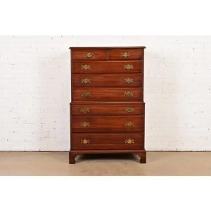 Henkel Harris Georgian Solid Cherry Wood Eight-Drawer Highboy Dresser, Circa 1970s