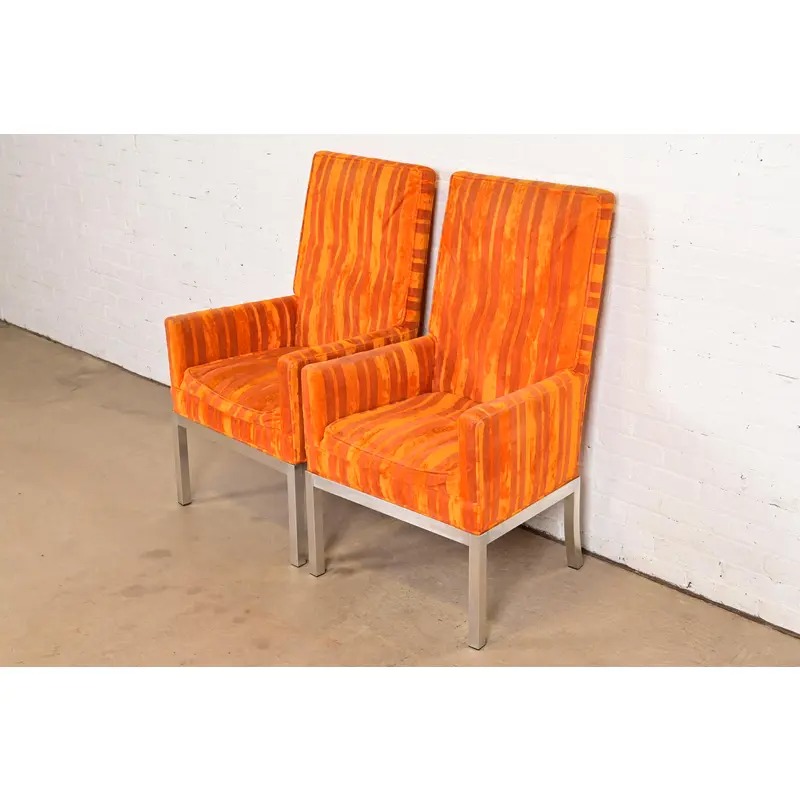 Leon Rosen for Pace Collection Mid-Century Modern Chrome Armchairs or Dining Chairs, Pair