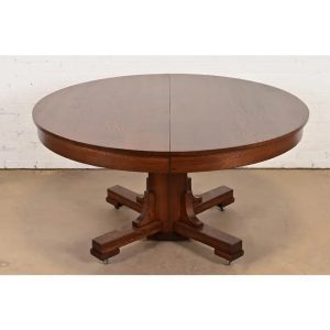 Stickley Brothers Style Antique Mission Oak Arts & Crafts Pedestal Extension Dining Table, Newly Refinished