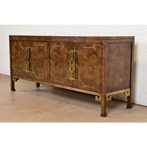 William Doezema for Mastercraft Mid-Century Modern Burl Wood and Brass Greek Key Sideboard Credenza, 1970s