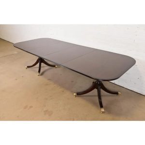 Beacon Hill Georgian Banded Mahogany Double Pedestal Extension Dining Table, Newly Refinished
