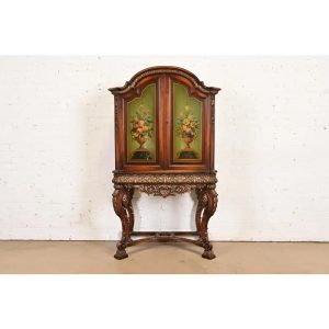 Berkey & Gay Style Antique English Jacobean Carved Walnut Hand Painted Bookcase or Bar Cabinet, Circa 1920s