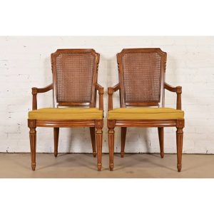 Henredon French Regency Louis XVI Carved Walnut Cane Back Armchairs, Pair