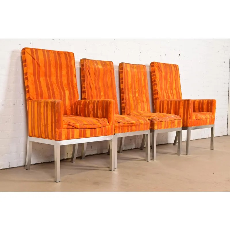 Leon Rosen for Pace Collection Mid-Century Modern Chrome and Upholstered Dining Chairs, Set of Four