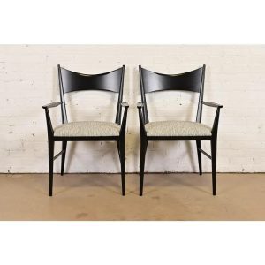 Paul McCobb for Directional Black Lacquered Bow Tie Armchairs or Dining Captain Chairs, Pair