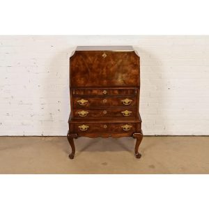 Queen Anne Burled Walnut Drop Front Secretary Desk by National Mt. Airy, Circa 1960s