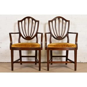 Ethan Allen Federal Mahogany Shield Back Armchairs or Dining Captain Chairs, Pair