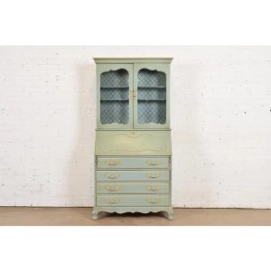 French Provincial Louis XV Baby Blue Lacquered Secretary Desk With Bookcase Hutch Top by Jasper Cabinet Co., 1950s