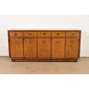 Drexel Heritage Hollywood Regency Campaign Walnut Sideboard Credenza, Circa 1970s