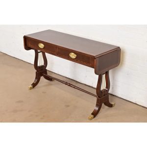 Baker Furniture English Regency Banded Mahogany Lyre Base Console Table, Newly Refinished