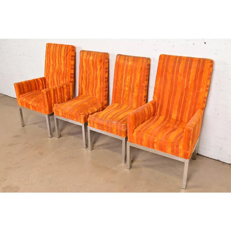 Leon Rosen for Pace Collection Mid-Century Modern Chrome and Upholstered Dining Chairs, Set of Four - Image 4