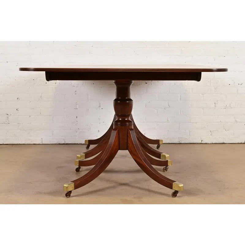 Baker Furniture Historic Charleston Georgian Banded Mahogany Double Pedestal Extension Dining Table, Newly Refinished - Image 10
