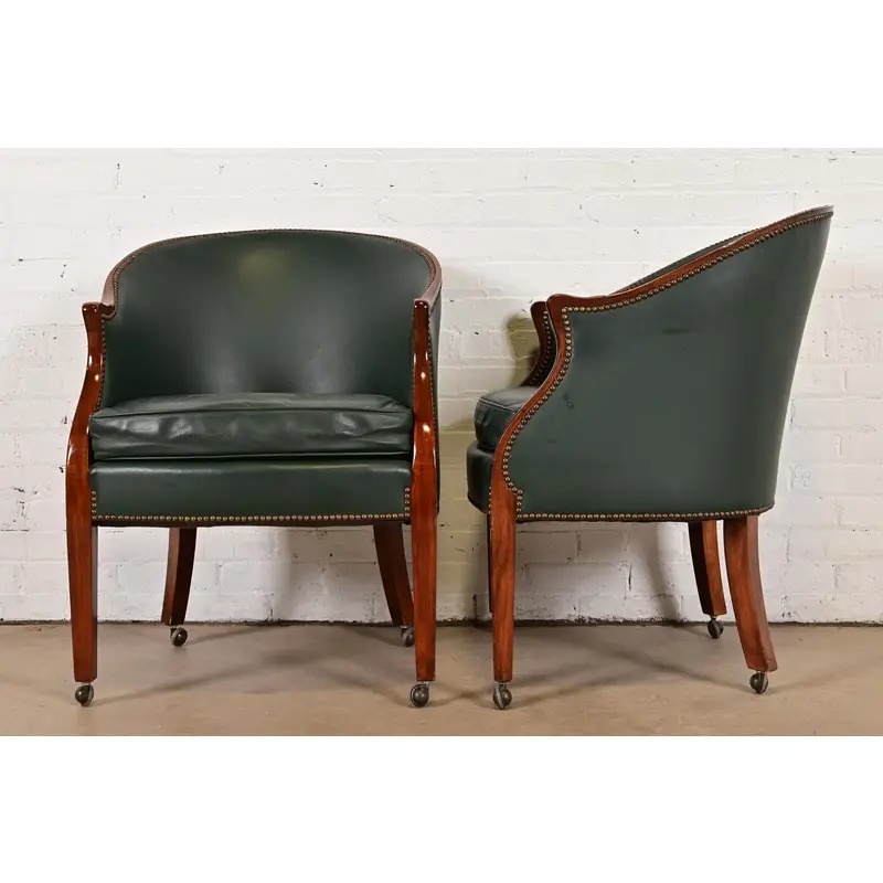 Baker Furniture Regency Carved Mahogany Leather Upholstered Lounge Chairs, Set of Six - Image 10