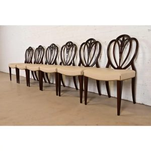 Baker Furniture Style Georgian Carved Mahogany Shield Back Dining Chairs, Set of Six
