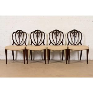 Baker Furniture Style Georgian Carved Mahogany Shield Back Side Chairs or Dining Chairs, Set of Four
