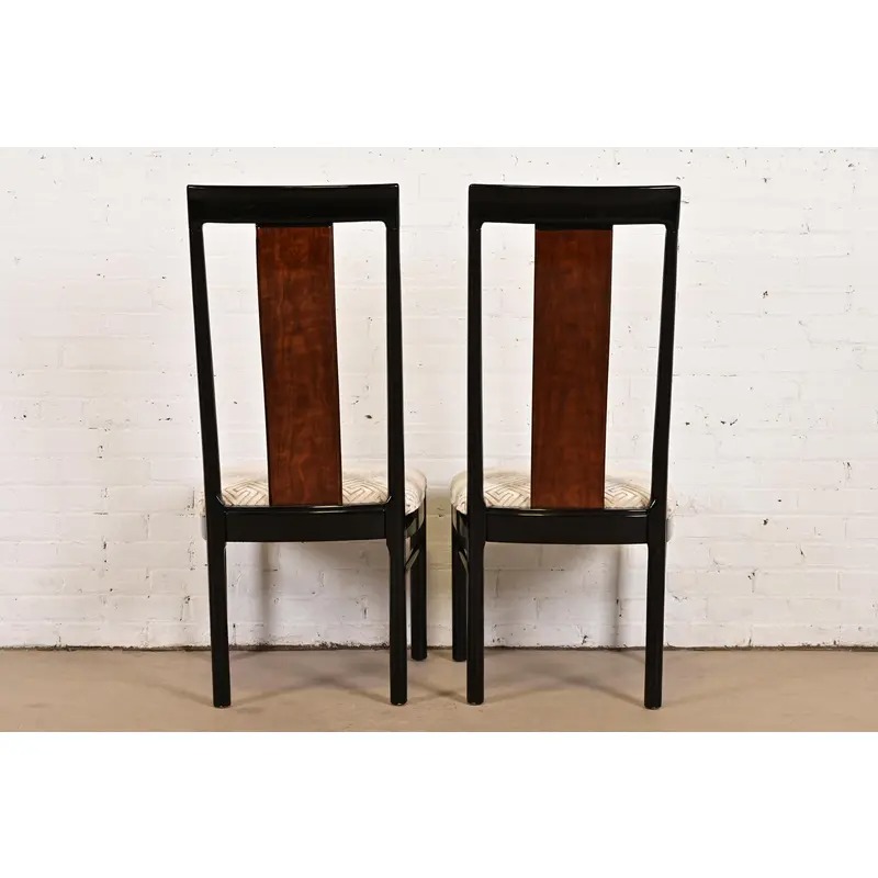Drexel Heritage Mid-Century Modern Hollywood Regency Black Lacquer and Walnut High Back Dining Chairs, Set of Four - Image 10