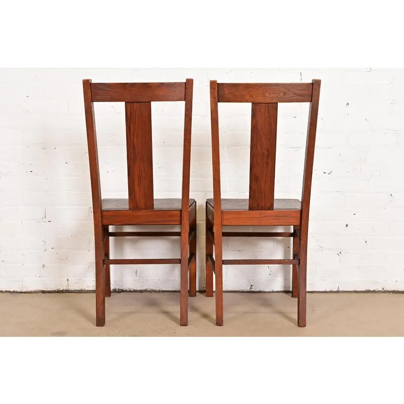 Limbert Style Antique Mission Oak Arts & Crafts T-Back Side Chairs or Dining Chairs, Pair - Image 10