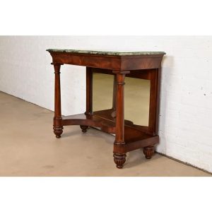 Maitland Smith French Empire of Louis XVI Carved Mahogany Faux Marble Top Console Table With Mirrored Back