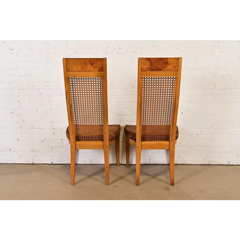 Milo Baughman Style Mid-Century Modern Burl Wood and Cane High Back Dining Chairs by Lane, Pair - Image 10