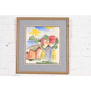 Original Artist Signed Abstract Housescape Framed Watercolor Painting
