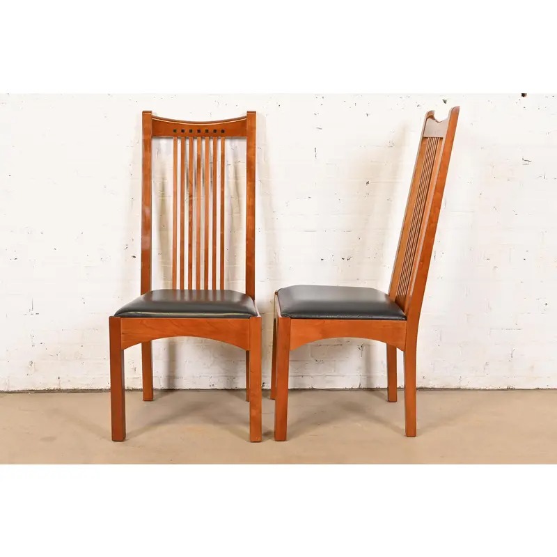 Stickley Mission Arts & Crafts Cherry Wood High Back Spindle Side Chairs or Dining Chairs, Pair - Image 10