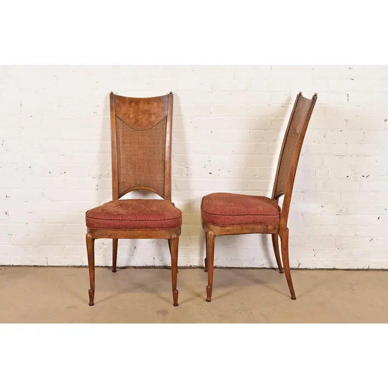 William Doezema for Mastercraft Mid-Century Modern Hollywood Regency Burl Wood and Cane Back Dining Chairs, Set of Four - Image 10
