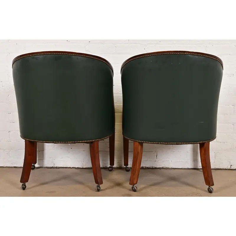 Baker Furniture Regency Carved Mahogany Leather Upholstered Lounge Chairs, Set of Six - Image 11