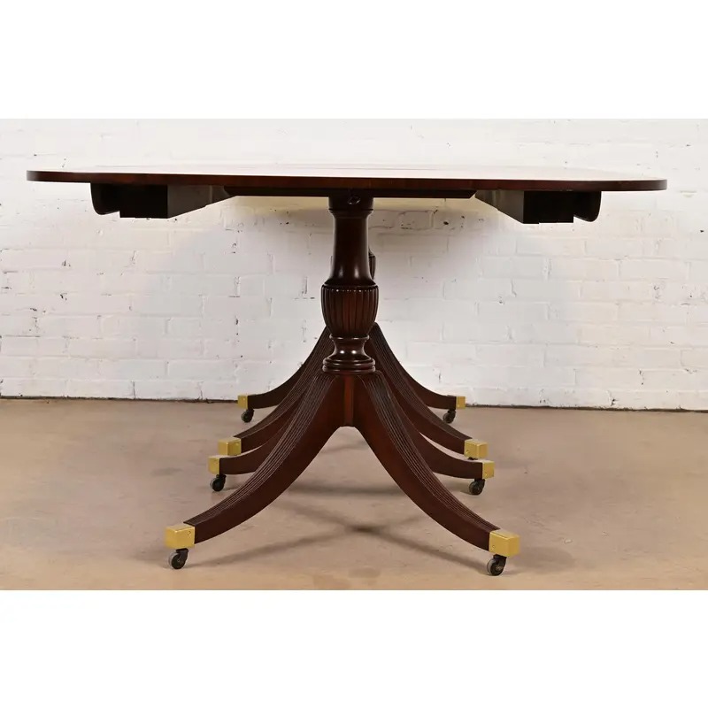 Baker Furniture Style English Georgian Banded Mahogany Double Pedestal Extension Dining Table, Newly Refinished - Image 11
