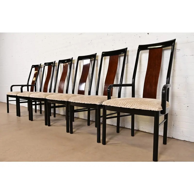 Drexel Heritage Mid-Century Modern Hollywood Regency Black Lacquer and Walnut High Back Armchairs, Pair - Image 11