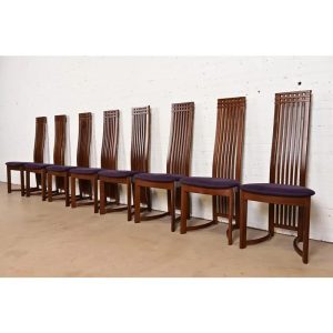 Frank Lloyd Wright Style Arts & Crafts High Back Dining Chairs, Set of Eight