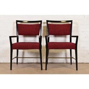 Paul McCobb Connoisseur Collection Black Lacquered Mahogany and Brass Armchairs, Pair